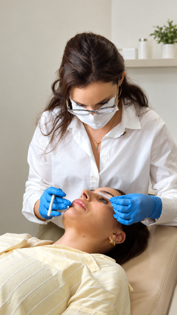 Dra. Lenir Dal Ben realizando uma etapa do cuidado facial em uma paciente