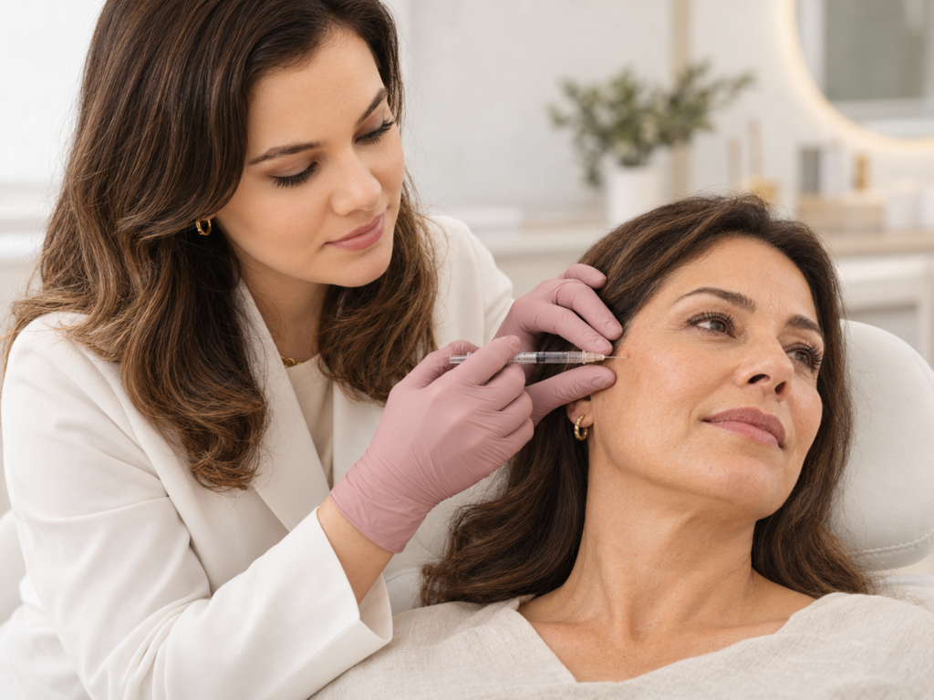 Dra. Lenir Dal Ben realizando procedimento de estímulo de colágeno na face de uma paciente